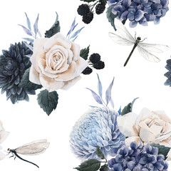 Beautiful vector seamless floral pattern with watercolor blue flowers, white roses and dragonflies . Stock illustration.