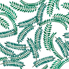 Watercolor painting illustration of tropical leaves tree, green pinnately compound leaf exotic seamless pattern on black background, isolated clipping pate, for textile fabric printed or wallpaper