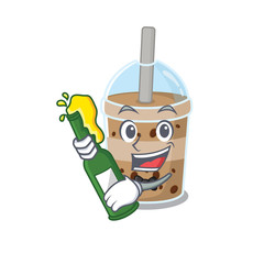 Chocolate bubble tea with bottle of beer mascot cartoon style