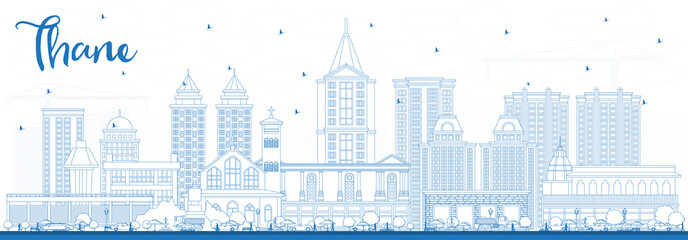 Fototapeta premium Outline Thane India City Skyline with Blue Buildings.