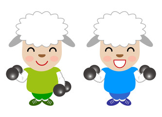 鉄アレイで筋トレをする子羊のベクターイラスト