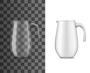 Glass pitcher or jug for cold drinks realistic 3d vector design. Water, milk or juice beverages empty jar containers with handles on white and transparent background. Kitchen utensils and glassware - obrazy, fototapety, plakaty