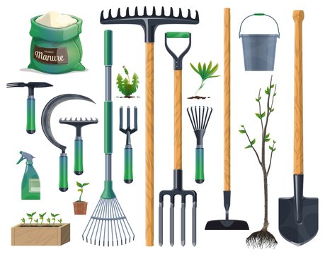 Garden tools and gardening equipment with plants, agriculture and farming. Vector shovel, rake and spade, flower pot, trowel, pitchfork and bucket, water sprayer, tree and seedling box, weeds and hoe