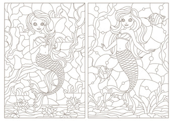 Set of contour illustrations of stained glass Windows with mermaids, dark contours on a white background
