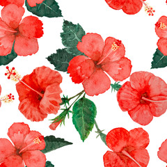 Watercolor painting floral seamless pattern with red hibiscus flowers blossom and green leaves on white background, tropical plant graphic repeated print for textile, fabric or vintage wallpaper
