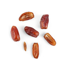dried ripe dates fruits isolated on white background, top view.