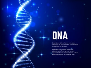 Obraz premium DNA glowing helix vector design of genetics science, medicine, biology and biotechnology. Blue molecule of DNA double helix with sparkling strands and atoms, bright sparkles and particles