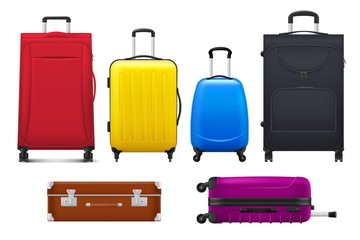 Travel suitcases and bags, luggage isolated vector of tourism, vacation trip and journey design. Realistic trolley cases, old leather briefcase and hard shell upright spinners with handles, wheels