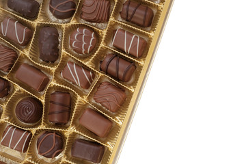 chocolate candy set.Box of chocolates close-up isolated on a white  background. assorted chocolate sweets.Chocolate candies set in an open box. top view.sweet dessert closeup