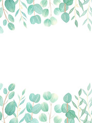Watercolor eucalyptus frame on white background. Floral banner, wedding, arrangment invitation, greeting card template, thank you card, save the date. Green leaves background. Hand painted watercolor.