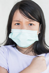 coronavirus asian woman wearing flu virus mask prevention. asian little girl wearing protective face mask for plague coronavirus. show stop hands gesture for stop virus outbreak epidemic symptoms.
