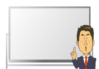 ホワイトボードの前で、説明するスーツの男性