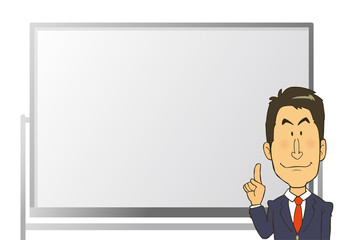 ホワイトボードの前で、説明するスーツの男性
