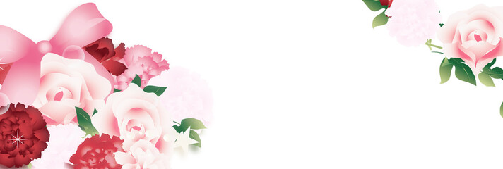 母の日カーネーションとバラのフラワーアレンジメントのイラストとピンクのリボンバナー素材