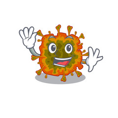 Smiley duvinacovirus cartoon mascot design with waving hand