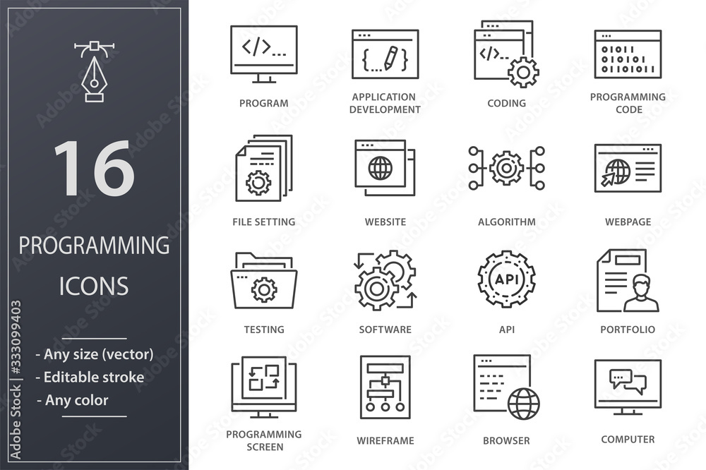 Poster programming line icons set. black vector illustration. editable stroke.