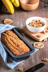 Cinnamon crunch banana bread on light background