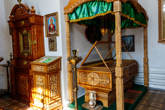 Reliquary with part of relic of St. Ilya Muromets in Holy Trinity Church in the village Karacharovo near Murom, Russia