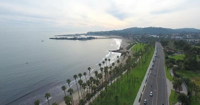 Flying over Cabrillo Boulevard on Santa Barbara, California coast.