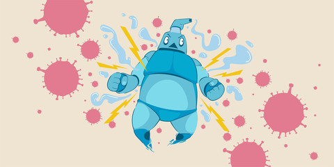 Cartoon Illustration of hand sanitizer superhero attack corona virus, cover-19. 