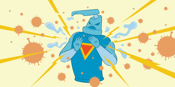 Cartoon Illustration of hand sanitizer superhero attack corona virus, cover-19. 