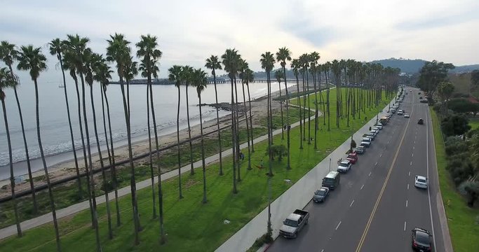 Flying over Cabrillo Boulevard on Santa Barbara, California coast