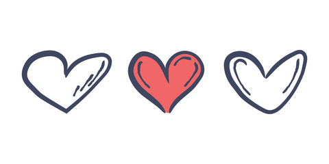 Hand drawn hearts. Set of heart doodle illustrations. Love, care and health symbol.