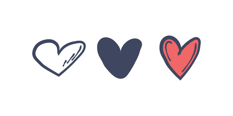 Hand drawn hearts. Set of heart doodle illustrations. Love, care and health symbol.