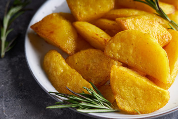 Fried potatoes country style. Barbecue potatoes. In a plate on a gray background Copy space