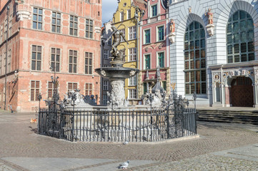 Gdansk Fountain of Neptune. Empty city during the COVID-19 epidemic.