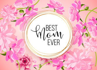 Happy mother's day layout design with roses, lettering, ribbon, frame, dotted background. Vector illustration. Best mom / mum ever cute feminine design for menu, flyer, card, invitation.