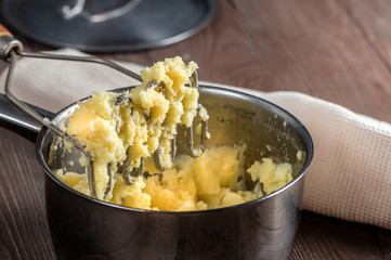Close up view of mashed potatoes in saucepan