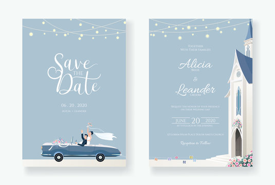 Set of wedding cards, Invitation, save the date template. Newlywed couple is driving a convertible, after Church ceremony image. Vector.