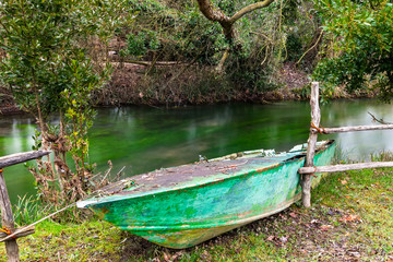 Vecchia barca di colore verde ormeggiata lungo il torrente Corgnolizza. Vegetazione spontanea. 