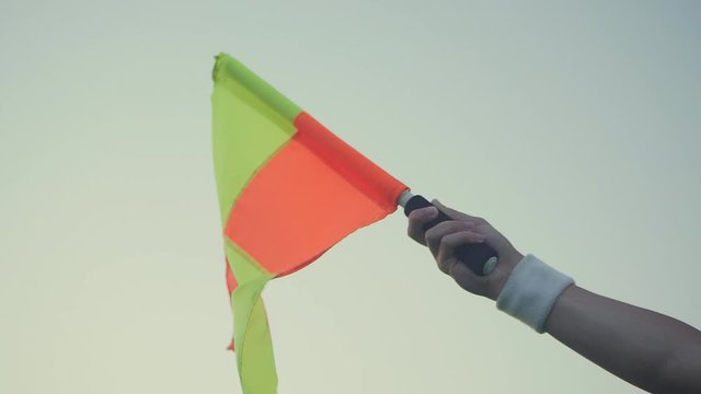 Football soccer referee holding an offside flag