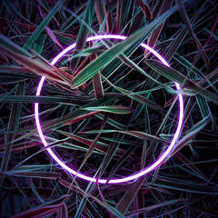 Poster in dark colors with glowing neon light circle on the background of fluorescent light leaves.Сreative cyberpunk color layout copy space for banner,advertisement,invitation, poster, card, flyer