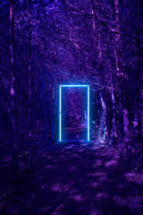 Glowing neon door portal in the forest at night. Copy space for poster, banner, invitation, stranger party. Fairy mysterious, mystical Illustration. Paranormal frame