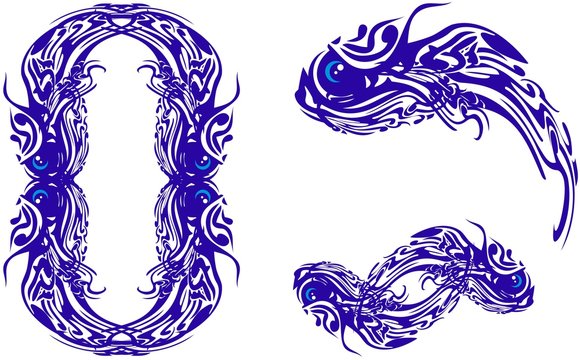 Wavy symbols of dark blue fish on white background. The letter O, formed of fish, a double fish symbol and a flaming silhouette of fish for your design