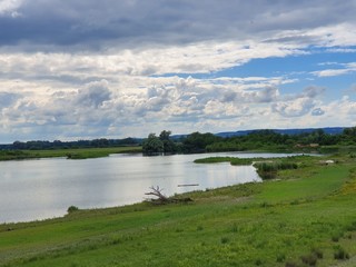 landscape with lake and blue sky