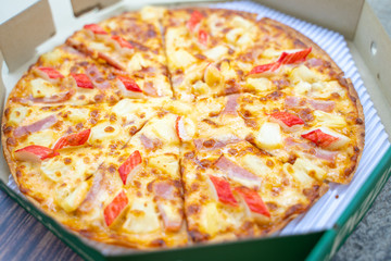 ham and crab stick on crispy pizza