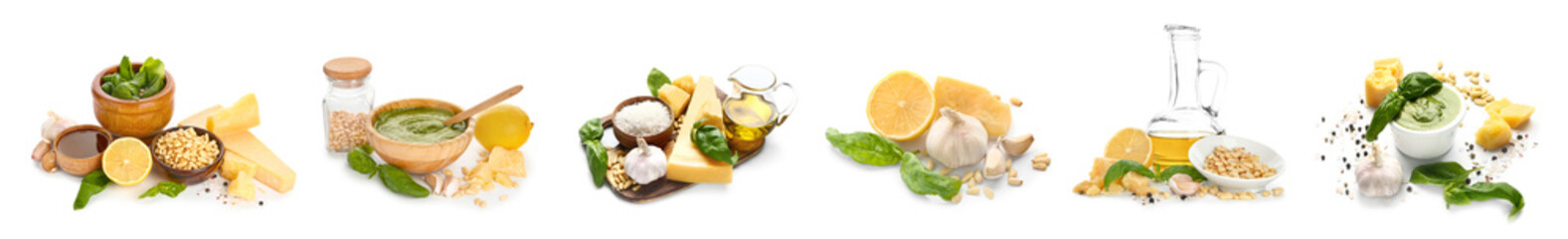 Collage with pesto sauce and ingredients on white background