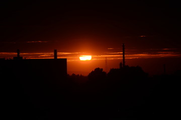 sunset, sky, sun, sunrise, clouds, landscape, silhouette, city, evening, nature, orange, cloud, night, light, building, dawn, tower, red, dusk, skyline, black