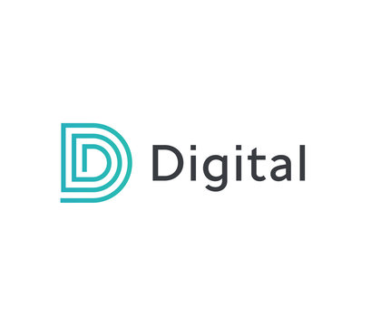 Abstract D letter, blue linear logo template, flat maze emblem. Concept logotype design for business and information technology. Vector logo.