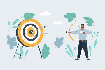 Of man with bow, shout arrow to the target. Character on dark background.