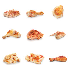 Set of cooked chicken meat on white background