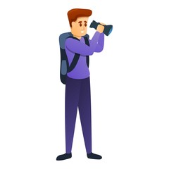 Hiker look in binoculars icon. Cartoon of hiker look in binoculars vector icon for web design isolated on white background