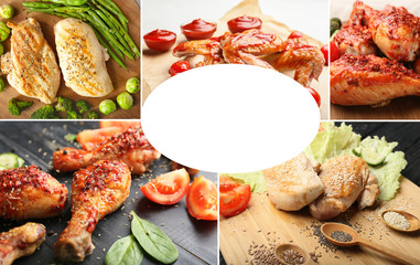 Collage of photos with cooked chicken meat and space for text