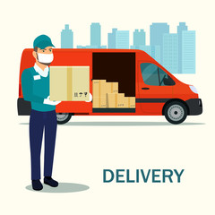 Delivery man in a medical mask with cardboard boxes. Cargo van. Vector flat style illustration.