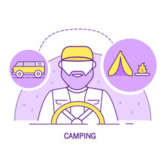 Man driver van tourist camp tent icon outline.Flat line art vector outline.