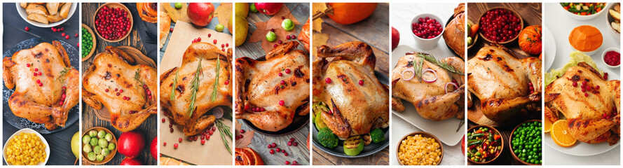 Collage of photos with tasty baked turkeys and different food for Thanksgiving day